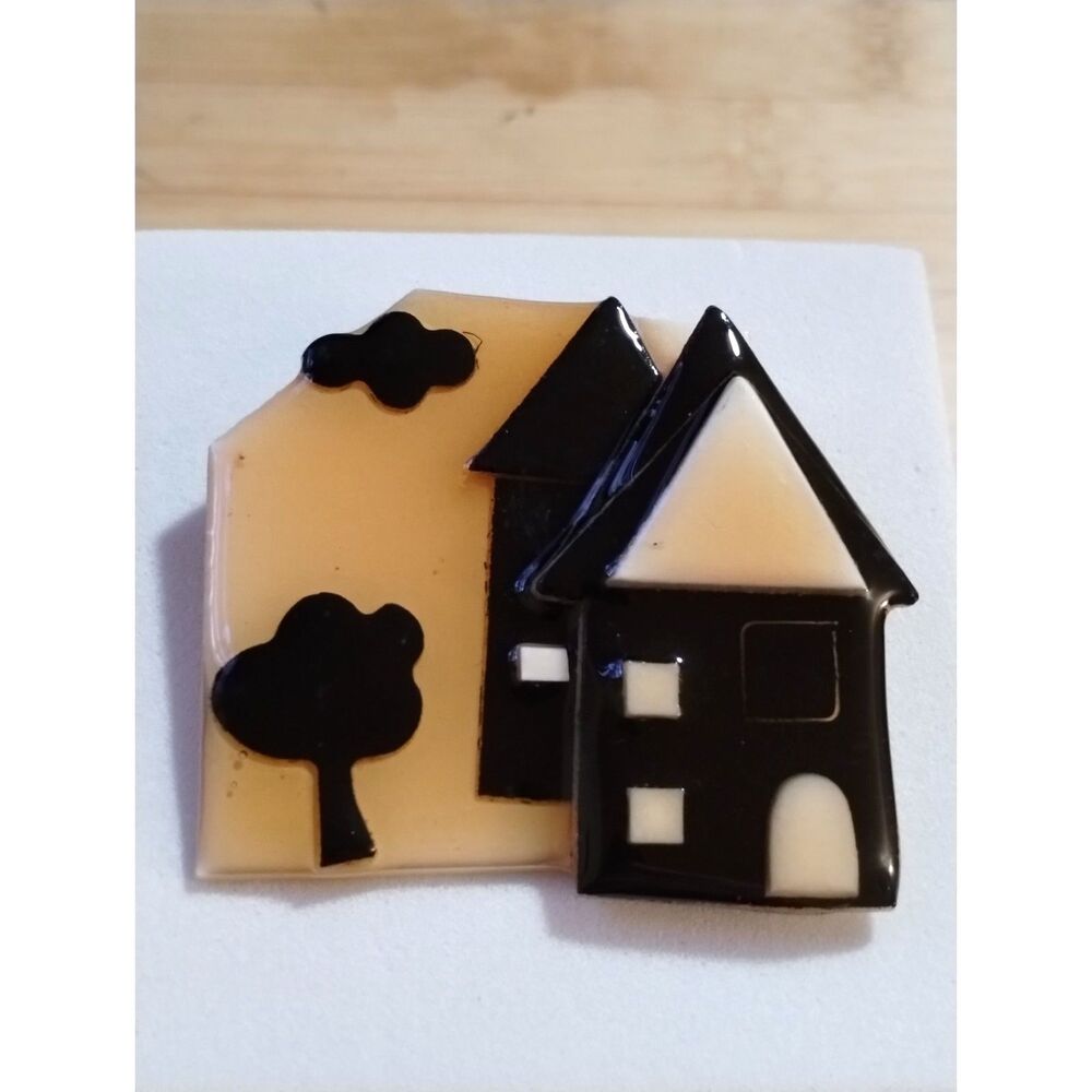 Vintage Acrylic Lucinda House Pin in Black and Golden Yellow